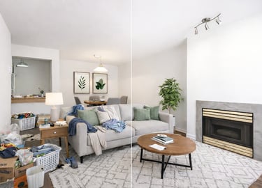 Before and after professional home declutter of a modern living room with a fireplace and grey sofa.