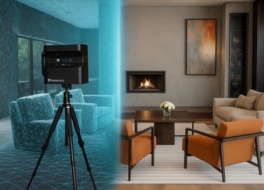 Matterport 3D camera scanning a modern living room to create a digital twin floor plan.