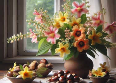 mimulus and sweet chestnut flowers in vase, in front of a window
