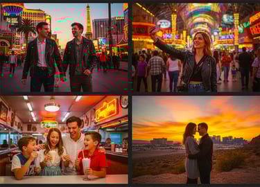 a collage of photos of a couple taking pictures of themselves in las vegas