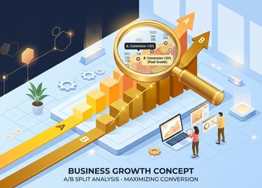 Isometric business growth concept showing A/B split analysis and conversion rate optimization with 3D data charts.