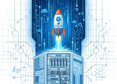 A rocket launching from a data center server rack representing cloud startup growth and technology.