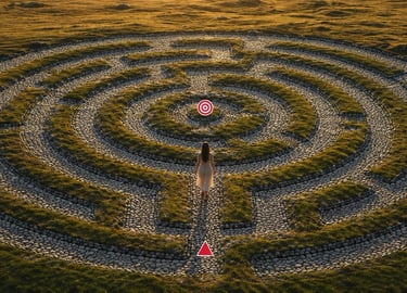 Das Labyrinth des Lebens, in einem Garten mit eingrenzenden Hecken und steinigen Wege.