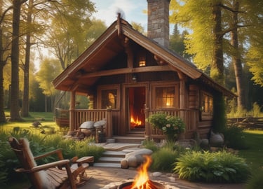 a cabin with a fire pit in the middle of a garden