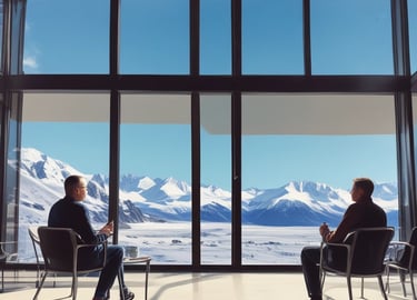 Three people are in a meeting room. One person is standing and pointing to a whiteboard filled with diagrams and flowcharts, while the other two are seated at a table with laptops and notebooks. The atmosphere appears focused and collaborative.