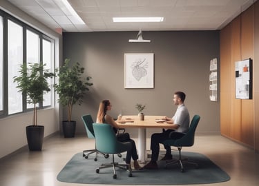 A serene office space with plants and soft lighting.