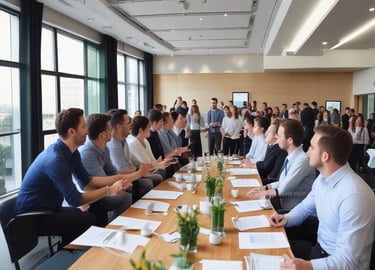 A serene office space with plants and soft lighting.