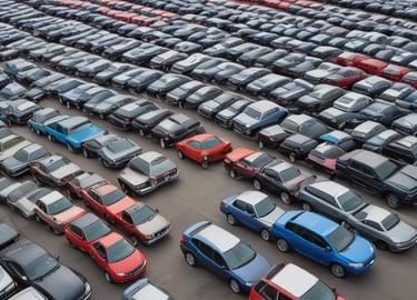 A bustling port with vehicles lined up ready for export under a bright sky.