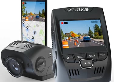 Rexing dash cam with built-in GPS and mobile app tracking for vehicle safety and recording.