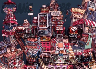 Fun colourful Illustration, digital ink drawing, detailed artwork, urban art print