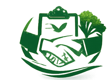 Green eco-friendly logo featuring a handshake icon, clipboard, and a tree for sustainable business deals.
