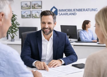 Professional real estate agent consulting a couple at Immobilienberatung Saarland office.