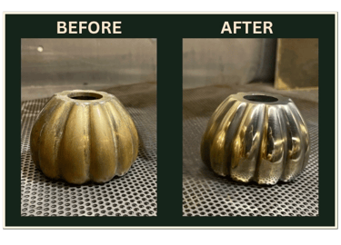 Before and after laser restoration of tarnished brass decorative piece in Southern California