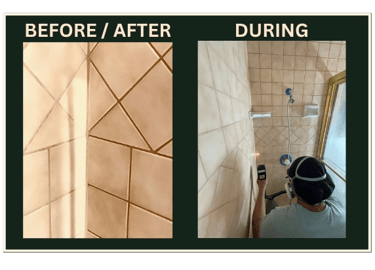 Before, during, and after laser cleaning of ceramic tile and grout lines in Southern California shower