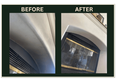 Before and after laser cleaning of soot-stained fireplace arch and brass screen surround