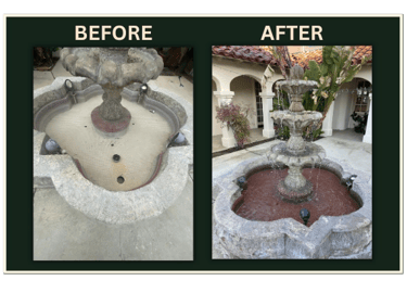 Before and after non-toxic laser cleaning of outdoor stone water fountain basin and tilework
