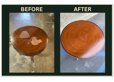 Before and after restoration of water-damaged antique wood table using laser stripping technology