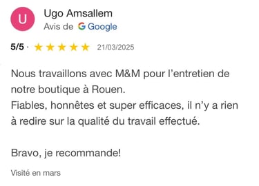 Avis google 5 étoiles clients m&m services pro nettoyage et vitres rouen 