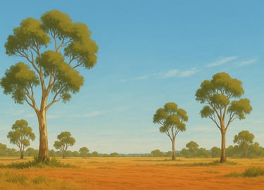Northern Mallee landscape with gum trees and blue sky.