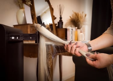 Blonde Tresse mit barockem Frisiertisch im Hintergrund