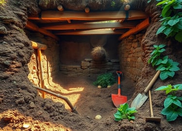 Natural landscape featuring a partially excavated root cellar, surrounded by rich, earthy soil.