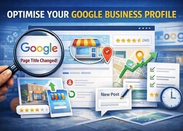 Google Business Profile optimisation with reviews, photos, and local SEO checklist on screen