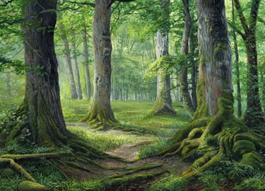 “A detailed acrylic painting showing ancient woodland in Sussex, with textured tree trunks and dappl
