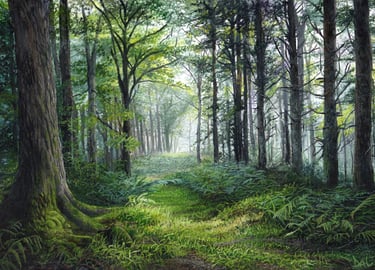 A woodland painting showing a grassy path leading through tall trees toward a clearing, inspired by 