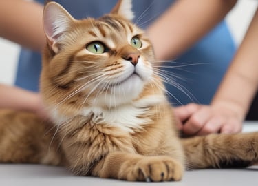 A white cat being examined by a vet