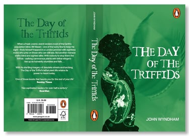 Full book cover spread of The Day of the Triffids by John Wyndham featuring a green silhouette of a man.