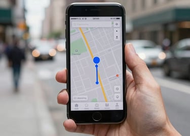 Close-up of a courier's hand holding a smartphone showing a live delivery route with ocean blue markers, against a blurred North American urban city street background. Fast-paced, high-tech professional service.