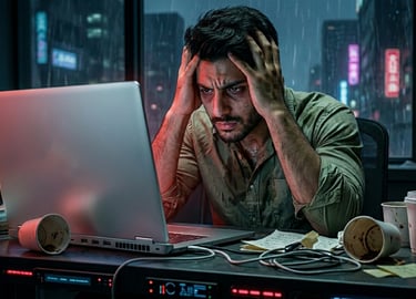 Stressed man at a laptop in a dark office at night, surrounded by coffee cups and energy drinks.