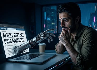 A concerned data analyst looks at a laptop screen showing AI job replacement news with a robotic hand emerging.