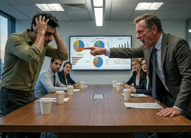 An angry boss shouting at a stressed employee during a corporate business meeting in a boardroom.