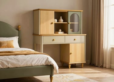 Charming and elegant modern children bedroom, soft warm lighting, high-quality durable wooden furniture, sophisticated pastel tones, editorial shot
