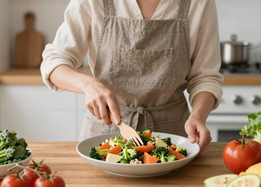 A friendly chef cooking in a cozy home kitchen with fresh ingredients around.