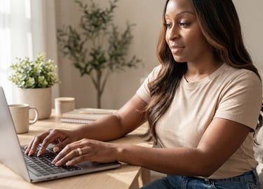 Woman using laptop to create digital products and build stable income beyond beauty services