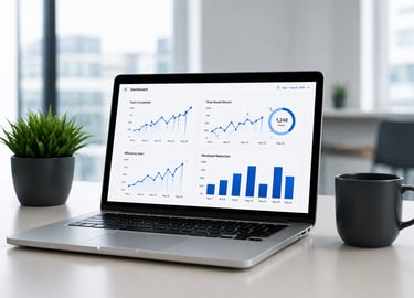 Laptop dashboard showing business analytics and automation results