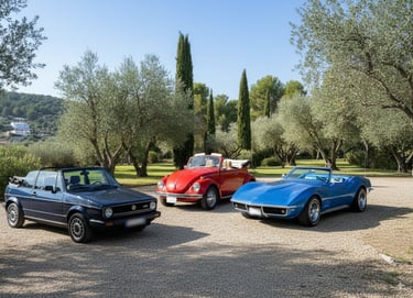 	Chevrolet Corvette C3, Volkswagen Beetle y Golf MK1, coches clásicos descapotables perfectos para bodas.