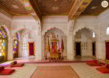 Moti Mahal inside Mehrangarh Fort Jodhpur, grand hall used for royal meetings and coronations, decorated with stained glass.