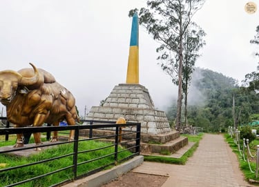 Pillar at Moir Point with misty hills in the background.