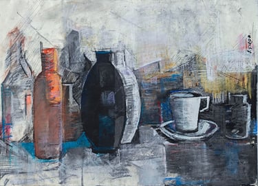 La botella naranja, pastel del artista pintor Argi Girón. Orange bottle pastel artist painter still