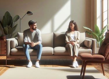 Ein paar sitzt auf einer Couch in einem Therapieraum