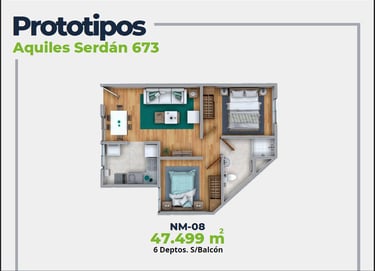 ASER Caracteristicas Departamento. Plano con 2 recamaras, sala comedor, baño y cocina. 47 mts2