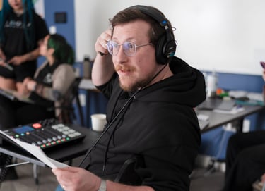 Andrew on set running audio and script supervising