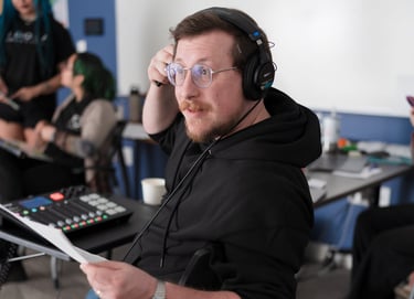 Andrew on set running audio and script supervising