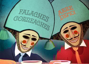 two people with masks on their heads drinking wine