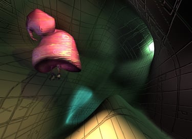 home groso un red suspended inside a curved room