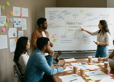 a group of people sitting around a table with papers discussing marketing strategy