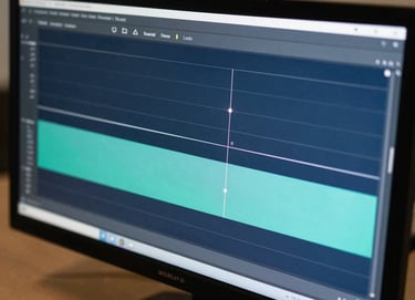 A close-up shot of a high-resolution video timeline displayed on a modern monitor. The interface features gradients of Deep Steel Blue and Muted Teal, with clean, professional lines and data points.